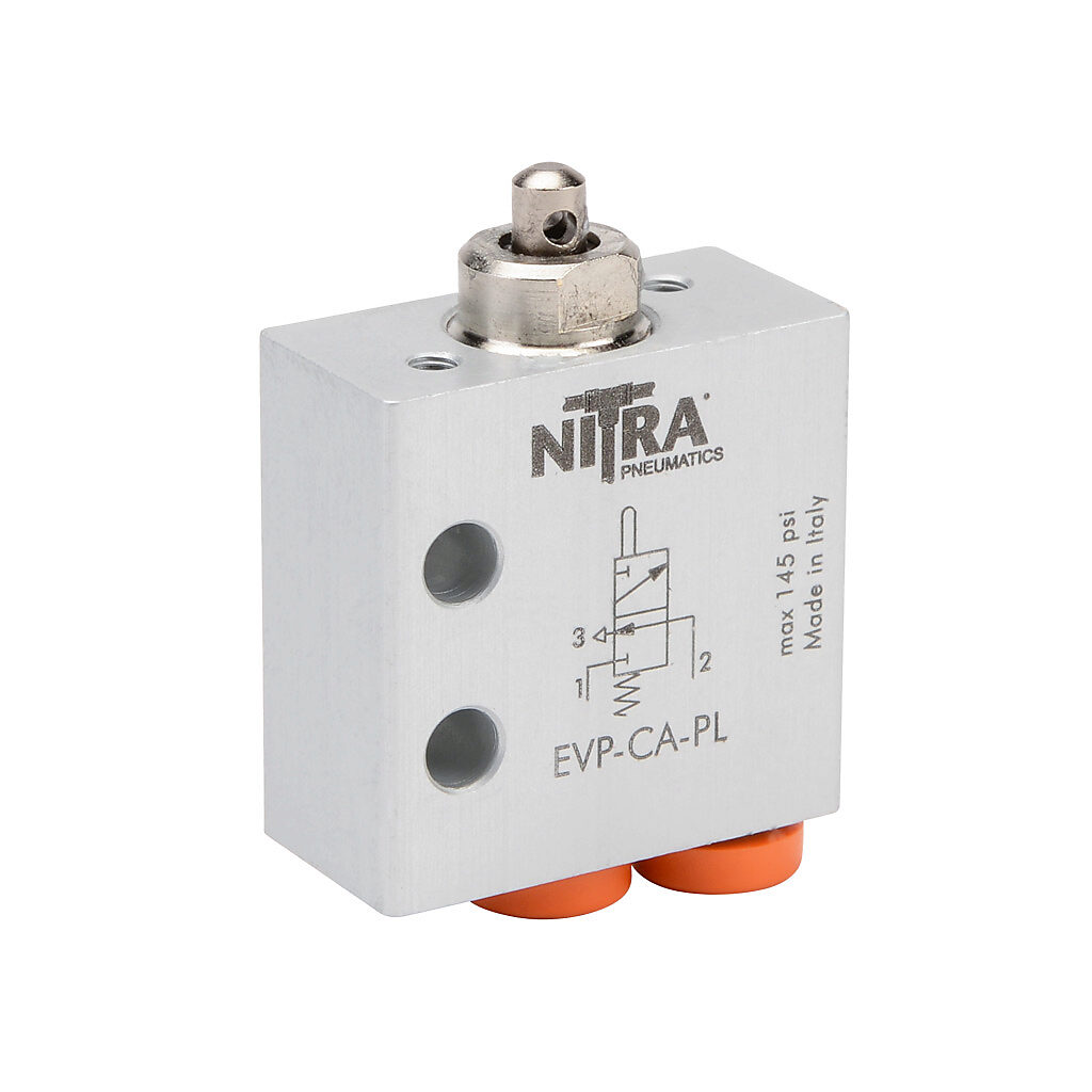 EVP-CA-PL - NITRA pneumatic manual valve, 2-port (3-way), 2-position, N.C., metal plunger, spring return, axial ports, (1) 5/32in (4mm) push-to-connect inlet(s), (1) 5/32in (4mm) push-to-connect outlet(s), (1) vent hole exhaust(s), Cv=0.13.