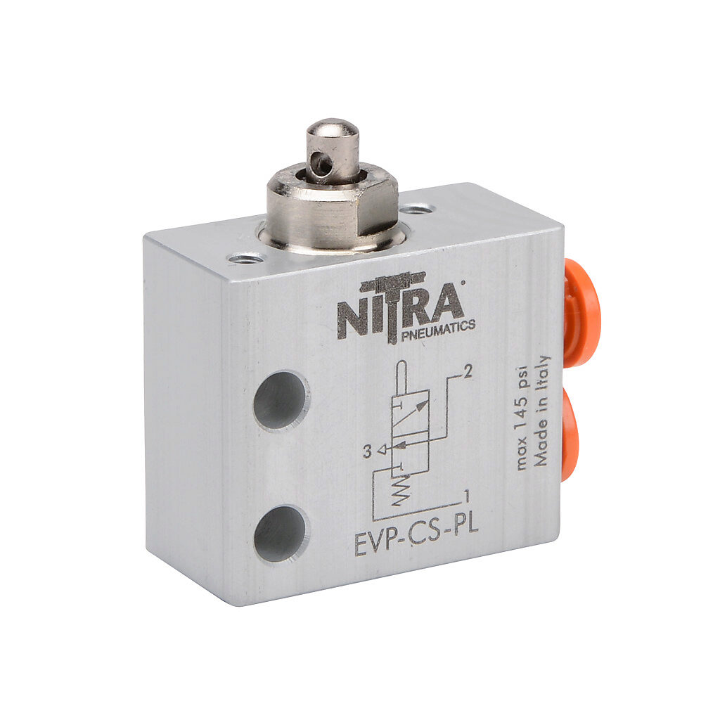 EVP-CS-PL - NITRA pneumatic manual valve, 2-port (3-way), 2-position, N.C., metal plunger, spring return, side ports, (1) 5/32in (4mm) push-to-connect inlet(s), (1) 5/32in (4mm) push-to-connect outlet(s), (1) vent hole exhaust(s), Cv=0.13.
