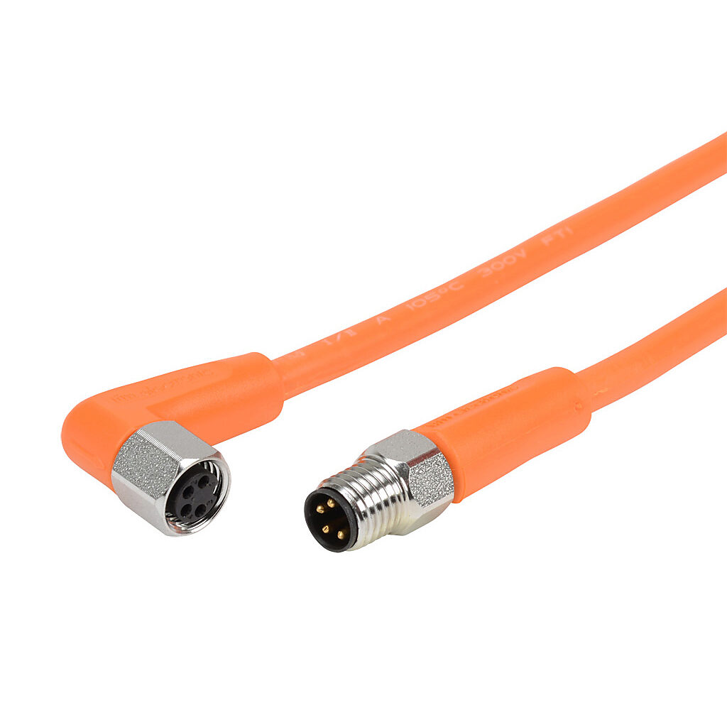 EVT434 - AutomationDirect connection cable, M8 axial male to right-angle female, 4-pole, PVC jacket, orange, 3.2ft/1m cable length, IP65, IP67, IP68 and IP69K, sensor & signal.