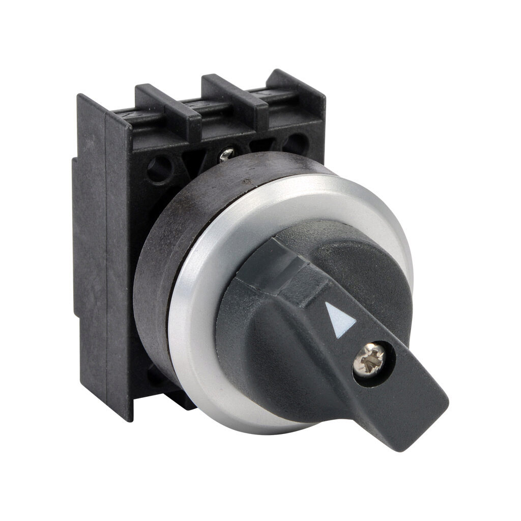 EWS21.V - Schmersal selector switch, IP65, 30mm, 2-position, maintained, operator only, plastic base, metal bezel, Operator: black, knob, 29.5mm, round, plastic. Requires contact blocks.
