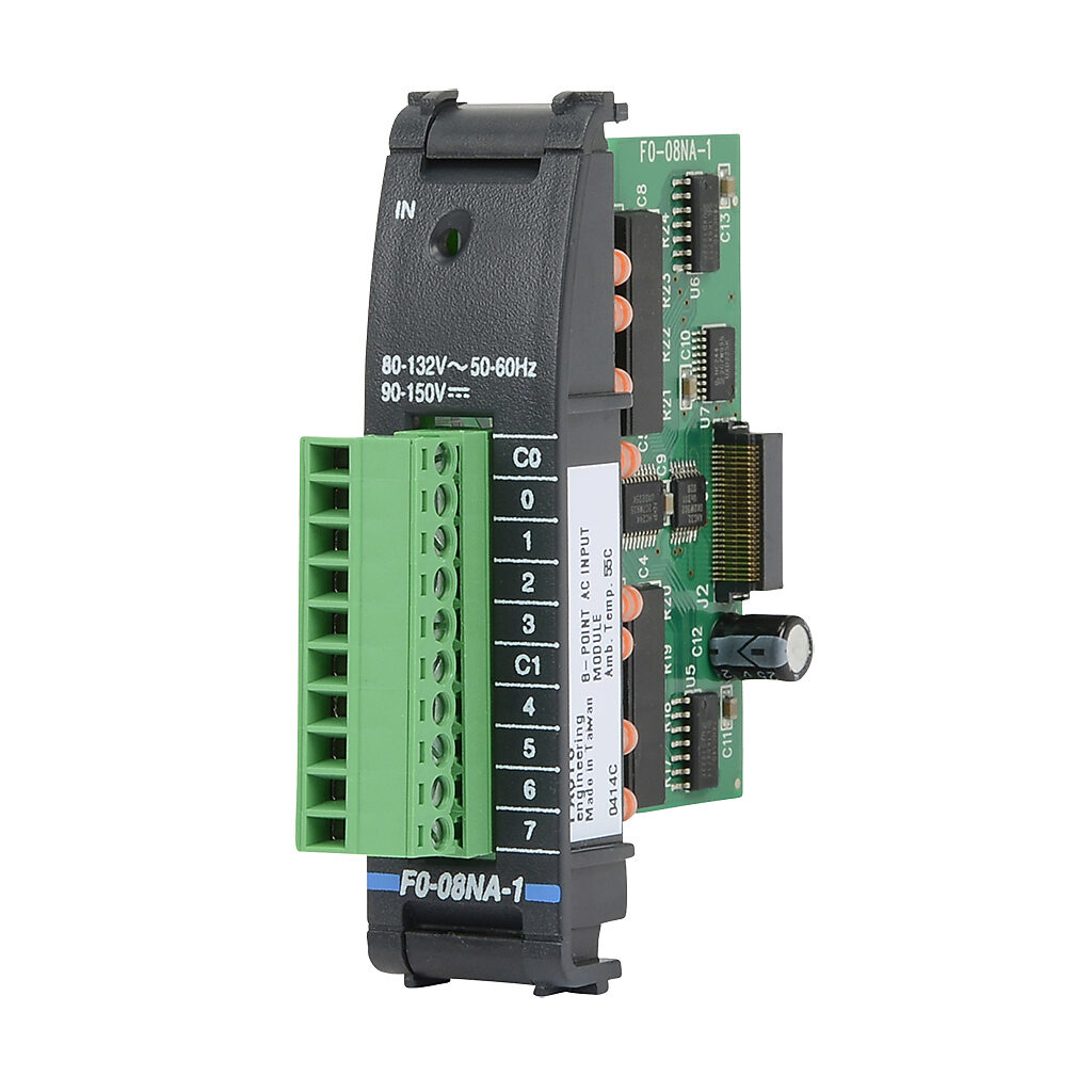 F0-08NA-1 - DirectLOGIC DL05/06 discrete input module, 8-point, 120 VAC/VDC, 2 isolated common(s), 4 point(s) per common. Removable terminal block included.