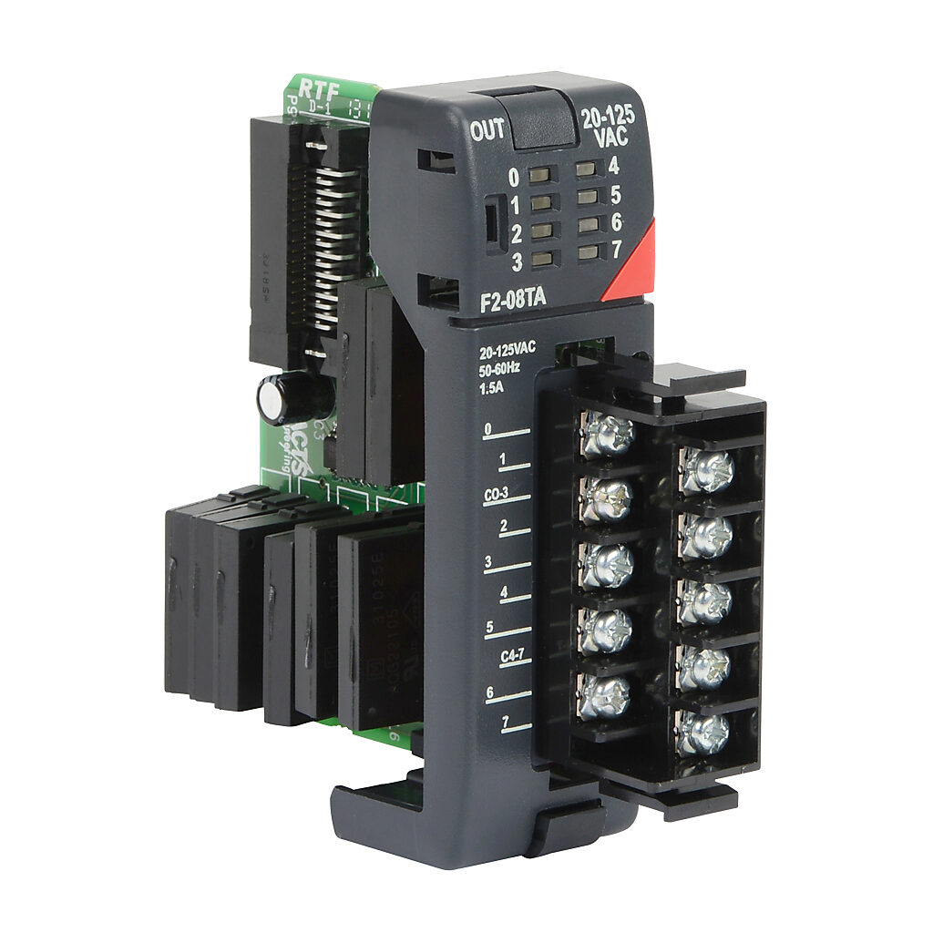 F2-08TA - DirectLOGIC DL205 discrete output module, 8-point, 24-120 VAC, 2 isolated common(s), 4 point(s) per common, 1.5A/point, 4A/common, 8A/module. Removable terminal block included.