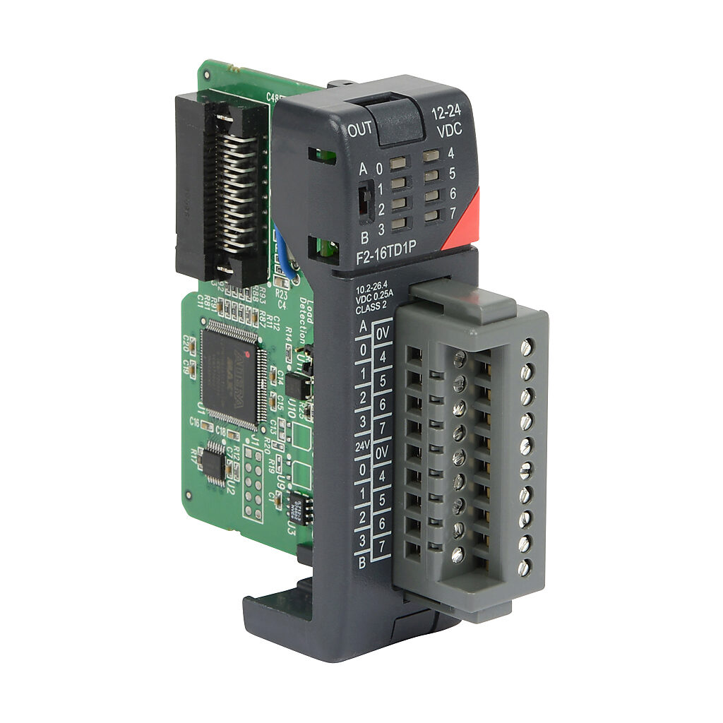 F2-16TD1P - DirectLOGIC DL205 discrete output module, 16-point, 12-24 VDC, sinking, 1 common(s), 16 point(s) per common, 0.25A/point continuous, overcurrent and overload protection. Removable terminal block included.