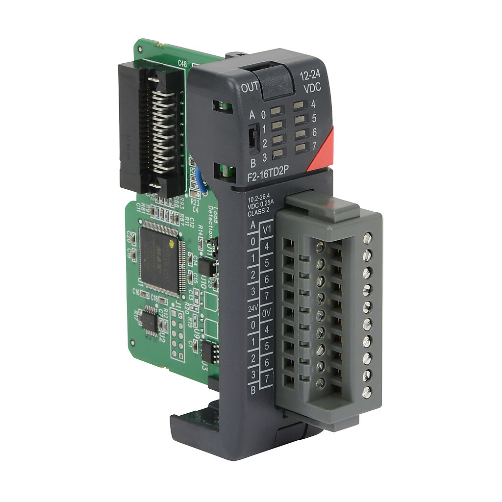 F2-16TD2P - DirectLOGIC DL205 discrete output module, 16-point, 12-24 VDC, sourcing, 1 common(s), 16 point(s) per common, 0.25A/point continuous, overcurrent and overload protection. Removable terminal block included.