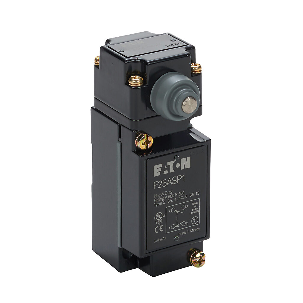 F25ASP1 - Eaton NEMA limit switch, side metal plunger, 90-degree adjustable head, (1) N.O./(1) N.C. contact(s), snap action, 29.4mm x 60mm hole spacing, die-cast zinc, (1) 1/2in NPT cable entry.