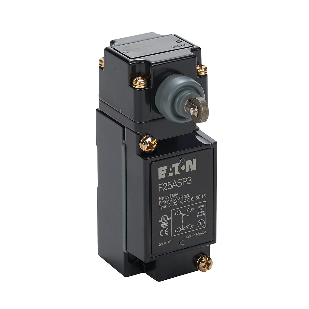 F25ASP3 - Eaton NEMA limit switch, side metal plunger with metal roller, 90-degree adjustable head, (1) N.O./(1) N.C. contact(s), snap action, 29.4mm x 60mm hole spacing, die-cast zinc, (1) 1/2in NPT cable entry.