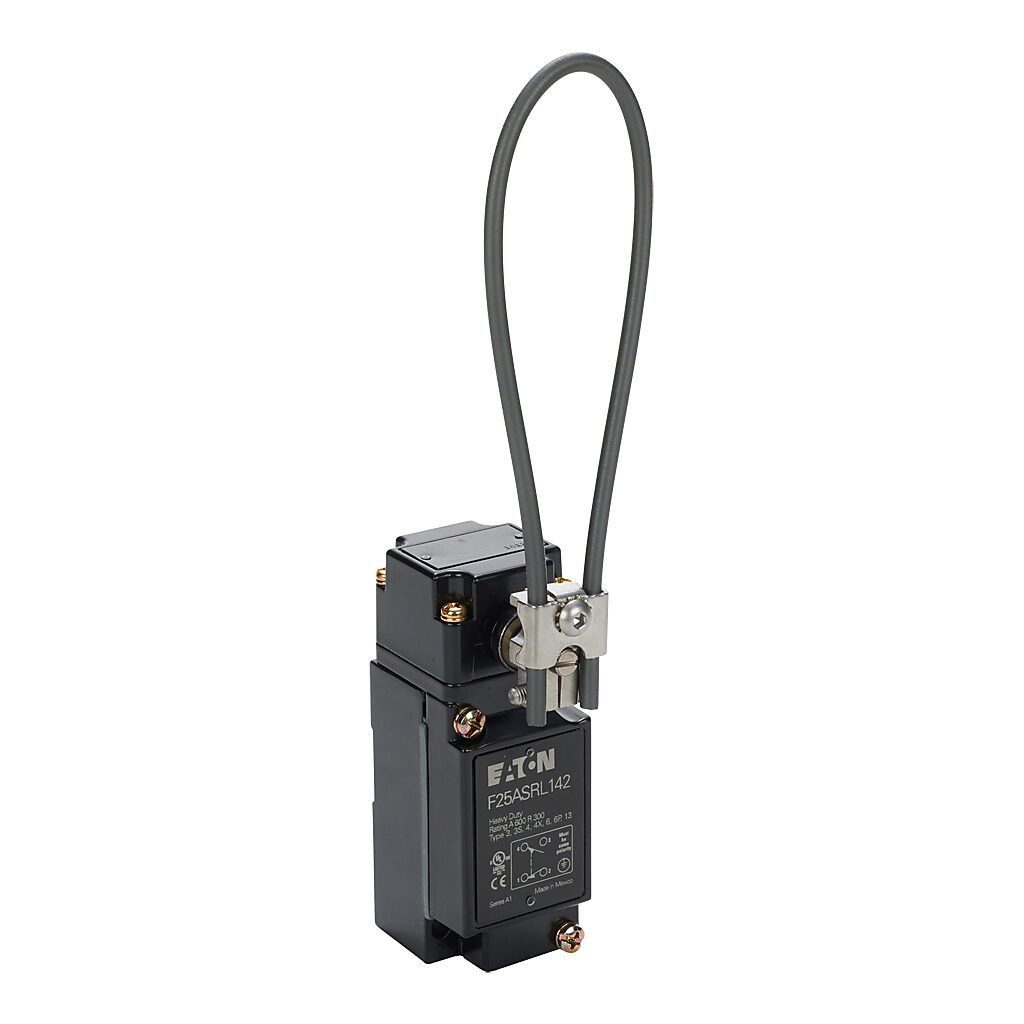 F25ASRL142 - Eaton NEMA limit switch, side rotary 6in Nylatron loop, 90-degree adjustable head, (1) N.O./(1) N.C. contact(s), snap action, 29.4mm x 60mm hole spacing, die-cast zinc, (1) 1/2in NPT cable entry.
