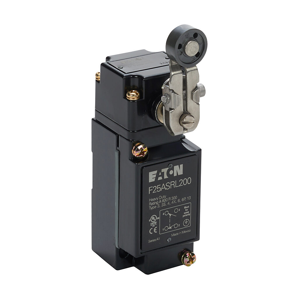 F25ASRL200 - Eaton NEMA limit switch, side rotary 1.5in stainless steel lever with Nylatron roller, 90-degree adjustable head, (1) N.O./(1) N.C. contact(s), snap action, 29.4mm x 60mm hole spacing, die-cast zinc, (1) 1/2in NPT cable entry.