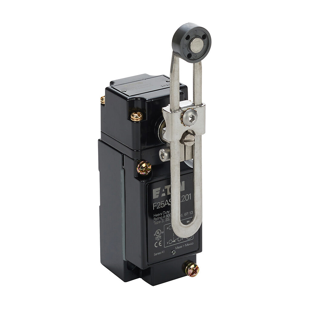 F25ASRL201 - Eaton NEMA limit switch, side rotary adjustable stainless steel lever with Nylatron roller, 90-degree adjustable head, (1) N.O./(1) N.C. contact(s), snap action, 29.4mm x 60mm hole spacing, die-cast zinc, (1) 1/2in NPT cable entry.