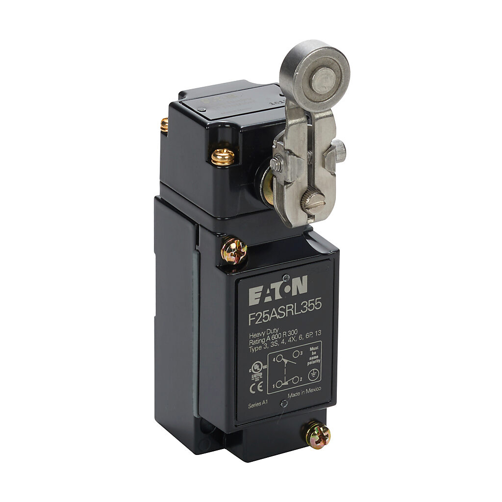 F25ASRL355 - Eaton NEMA limit switch, side rotary 1.5in stainless steel lever with metal roller, 90-degree adjustable head, (1) N.O./(1) N.C. contact(s), snap action, 29.4mm x 60mm hole spacing, die-cast zinc, (1) 1/2in NPT cable entry.