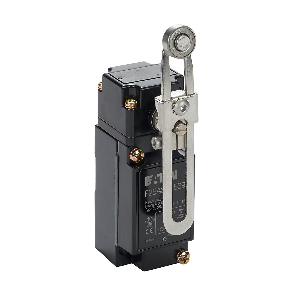 F25ASRL539 - Eaton NEMA limit switch, side rotary adjustable stainless steel lever with ball bearing roller, 90-degree adjustable head, (1) N.O./(1) N.C. contact(s), snap action, 29.4mm x 60mm hole spacing, die-cast zinc, (1) 1/2in NPT cable entry.