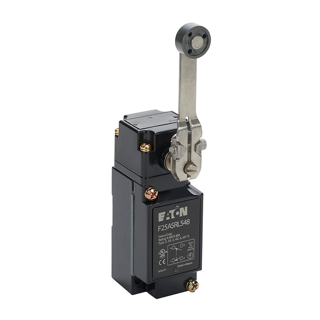 F25ASRL548 - Eaton NEMA limit switch, side rotary 3in stainless steel lever with Nylatron roller, 90-degree adjustable head, (1) N.O./(1) N.C. contact(s), snap action, 29.4mm x 60mm hole spacing, die-cast zinc, (1) 1/2in NPT cable entry.