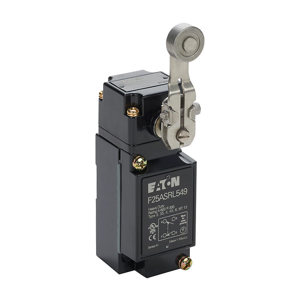 F25ASRL549 - Eaton NEMA limit switch, side rotary 2in stainless steel lever with metal roller, 90-degree adjustable head, (1) N.O./(1) N.C. contact(s), snap action, 29.4mm x 60mm hole spacing, die-cast zinc, (1) 1/2in NPT cable entry.