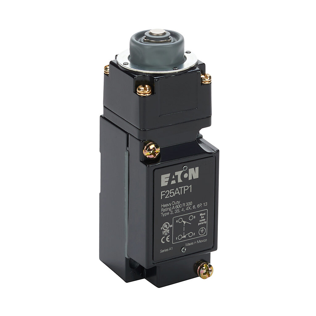 F25ATP1 - Eaton NEMA limit switch, metal plunger, 90-degree adjustable head, (1) N.O./(1) N.C. contact(s), snap action, 29.4mm x 60mm hole spacing, die-cast zinc, (1) 1/2in NPT cable entry.