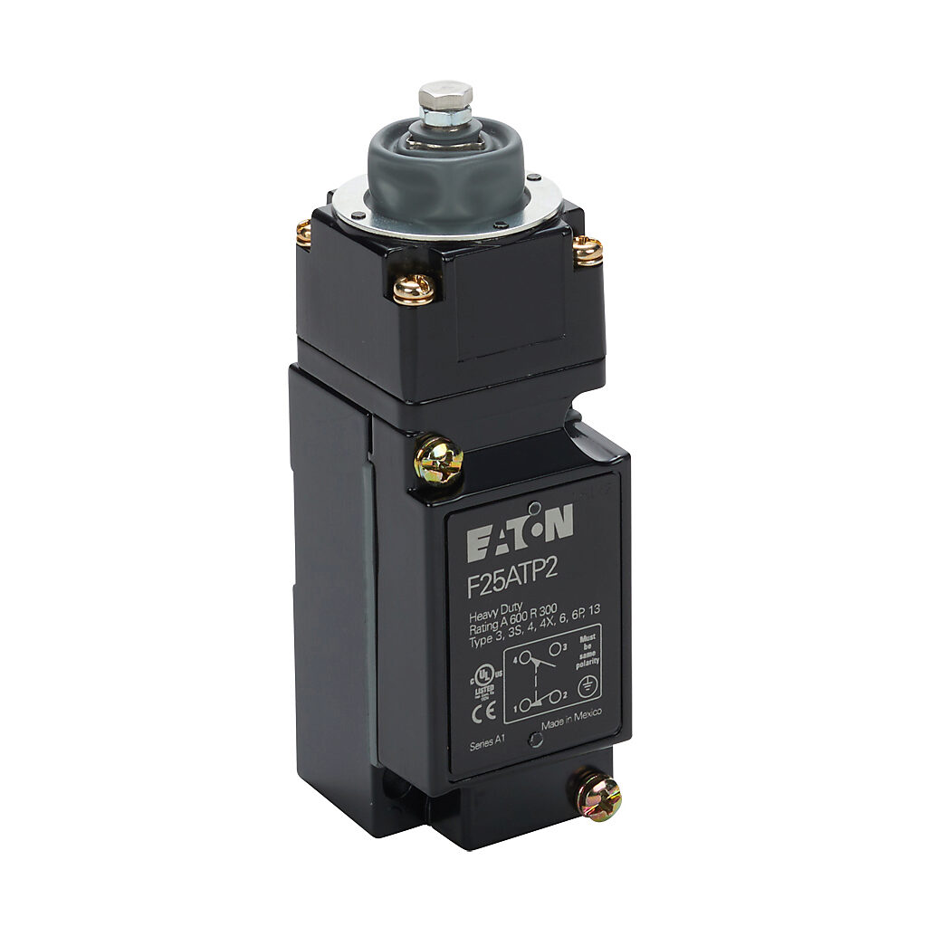 F25ATP2 - Eaton NEMA limit switch, metal plunger adjustable, 90-degree adjustable head, (1) N.O./(1) N.C. contact(s), snap action, 29.4mm x 60mm hole spacing, die-cast zinc, (1) 1/2in NPT cable entry.
