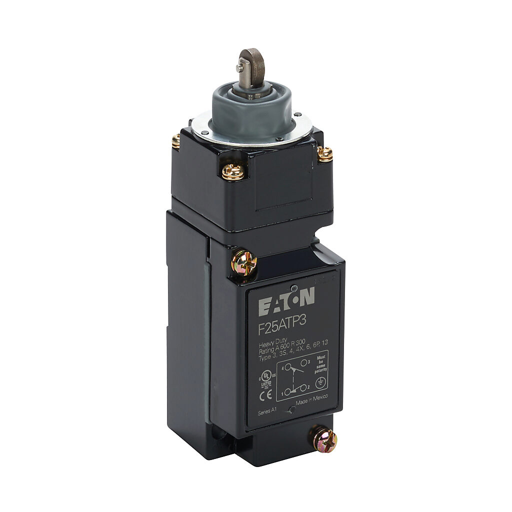 F25ATP3 - Eaton NEMA limit switch, metal plunger with metal roller, 90-degree adjustable head, (1) N.O./(1) N.C. contact(s), snap action, 29.4mm x 60mm hole spacing, die-cast zinc, (1) 1/2in NPT cable entry.