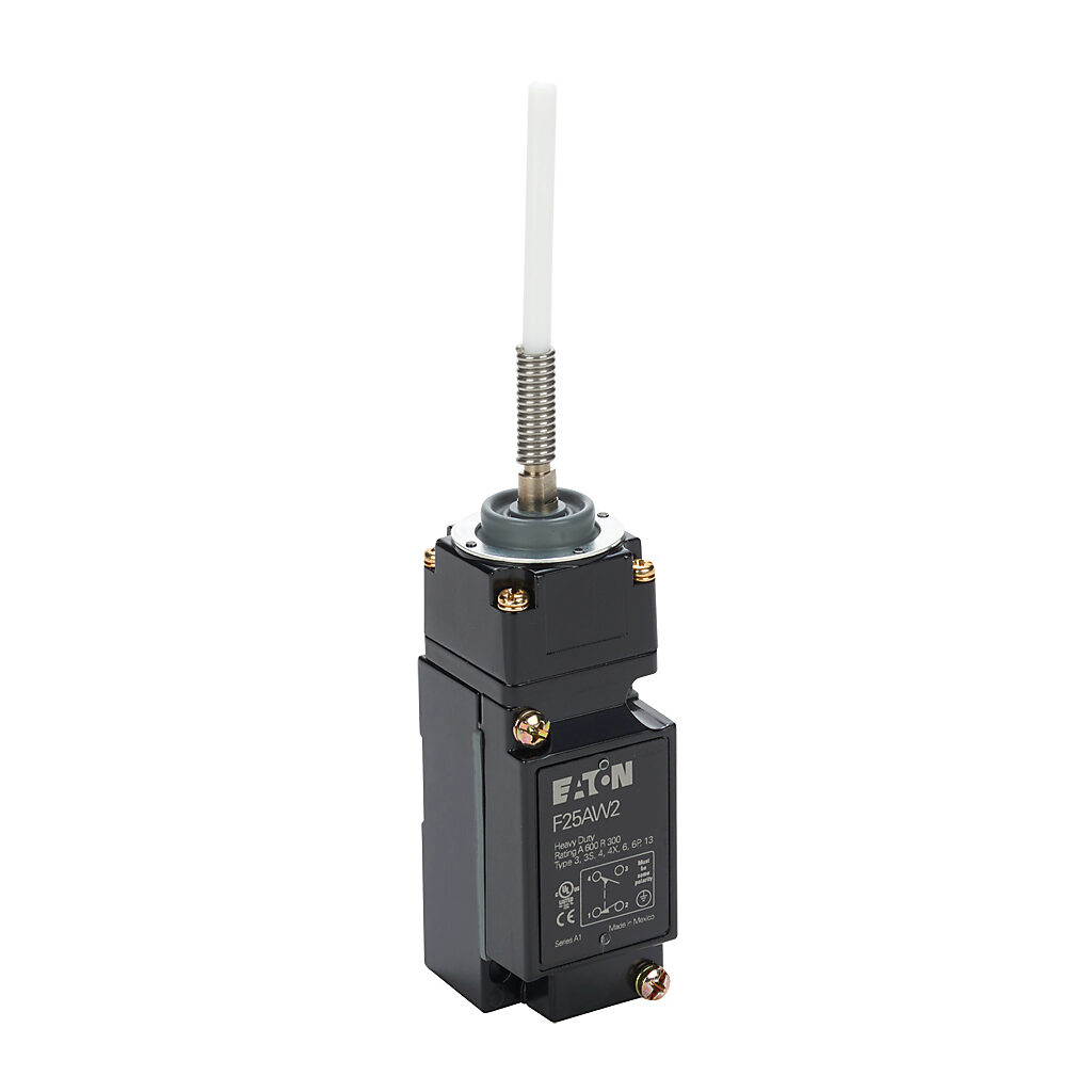 F25AW2 - Eaton NEMA limit switch, 360 degree nylon rod, 90-degree adjustable head, (1) N.O./(1) N.C. contact(s), snap action, 29.4mm x 60mm hole spacing, die-cast zinc, (1) 1/2in NPT cable entry.