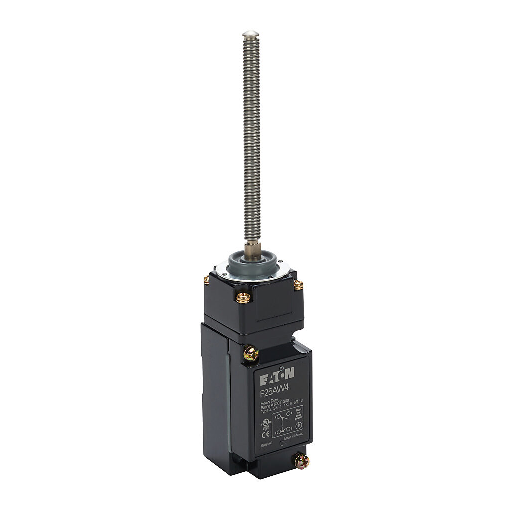 F25AW4 - Eaton NEMA limit switch, 360 degree stainless steel spring, 90-degree adjustable head, (1) N.O./(1) N.C. contact(s), snap action, 29.4mm x 60mm hole spacing, die-cast zinc, (1) 1/2in NPT cable entry.