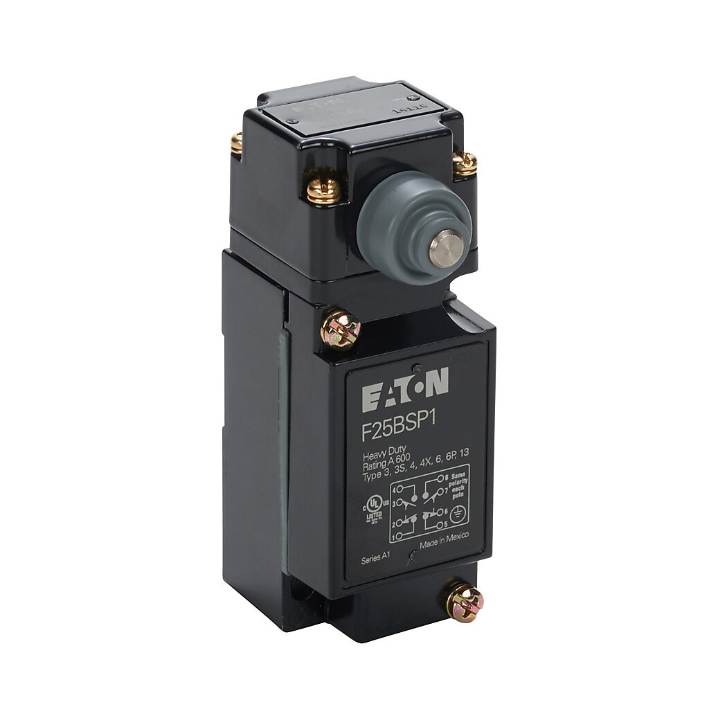 F25BSP1 - Eaton NEMA limit switch, side metal plunger, 90-degree adjustable head, (2) N.O./(2) N.C. contact(s), snap action, 29.4mm x 60mm hole spacing, die-cast zinc, (1) 1/2in NPT cable entry.