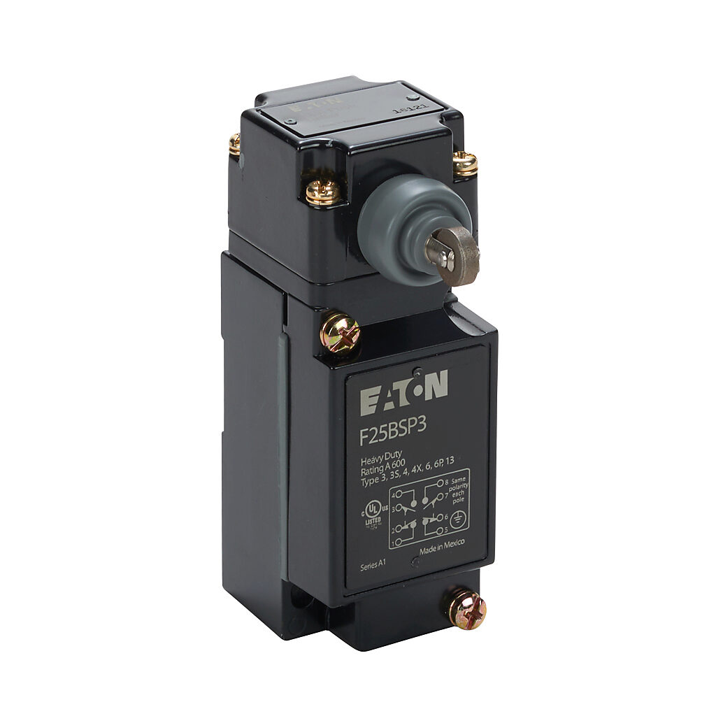 F25BSP3 - Eaton NEMA limit switch, side metal plunger with metal roller, 90-degree adjustable head, (2) N.O./(2) N.C. contact(s), snap action, 29.4mm x 60mm hole spacing, die-cast zinc, (1) 1/2in NPT cable entry.