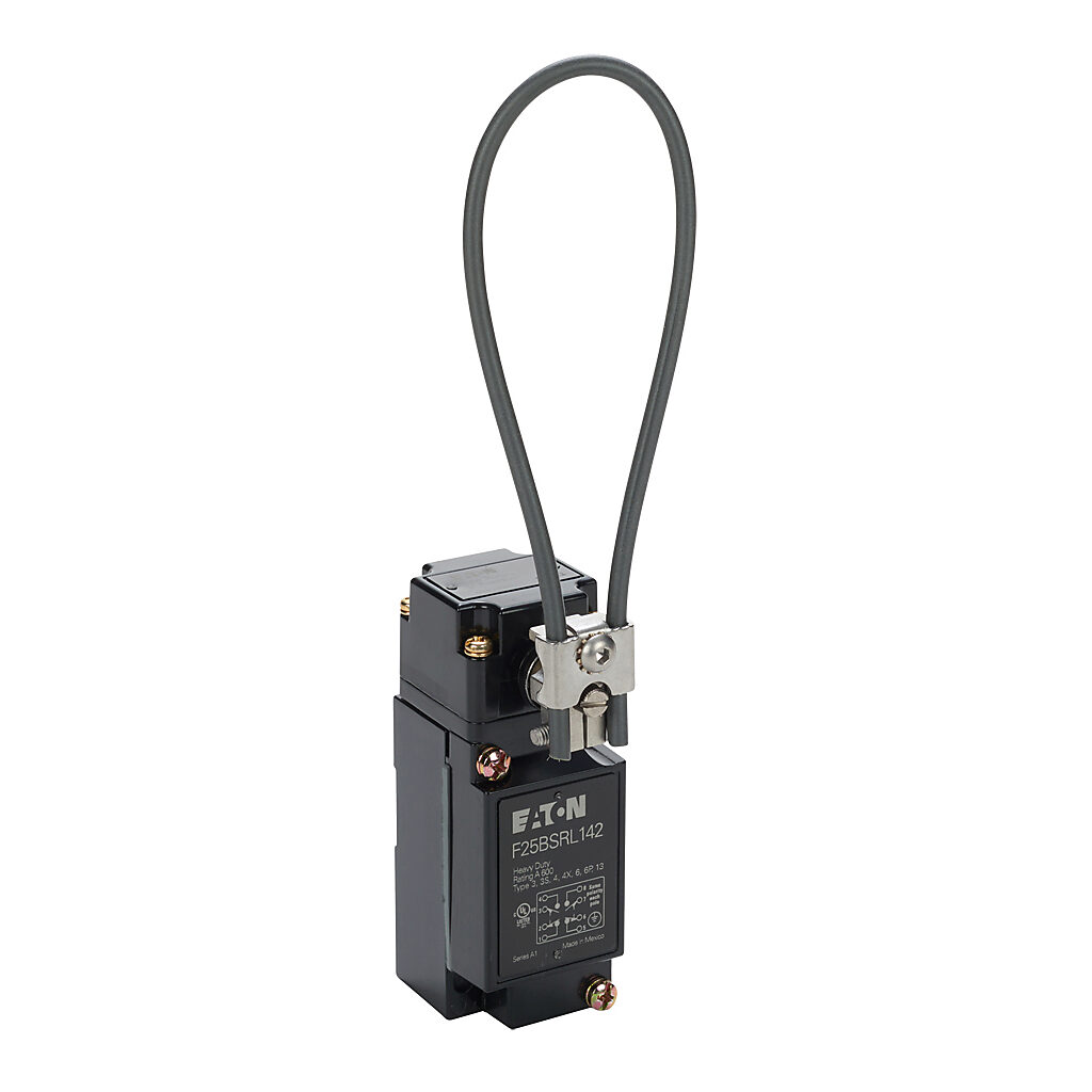 F25BSRL142 - Eaton NEMA limit switch, side rotary 6in Nylatron loop, 90-degree adjustable head, (2) N.O./(2) N.C. contact(s), snap action, 29.4mm x 60mm hole spacing, die-cast zinc, (1) 1/2in NPT cable entry.