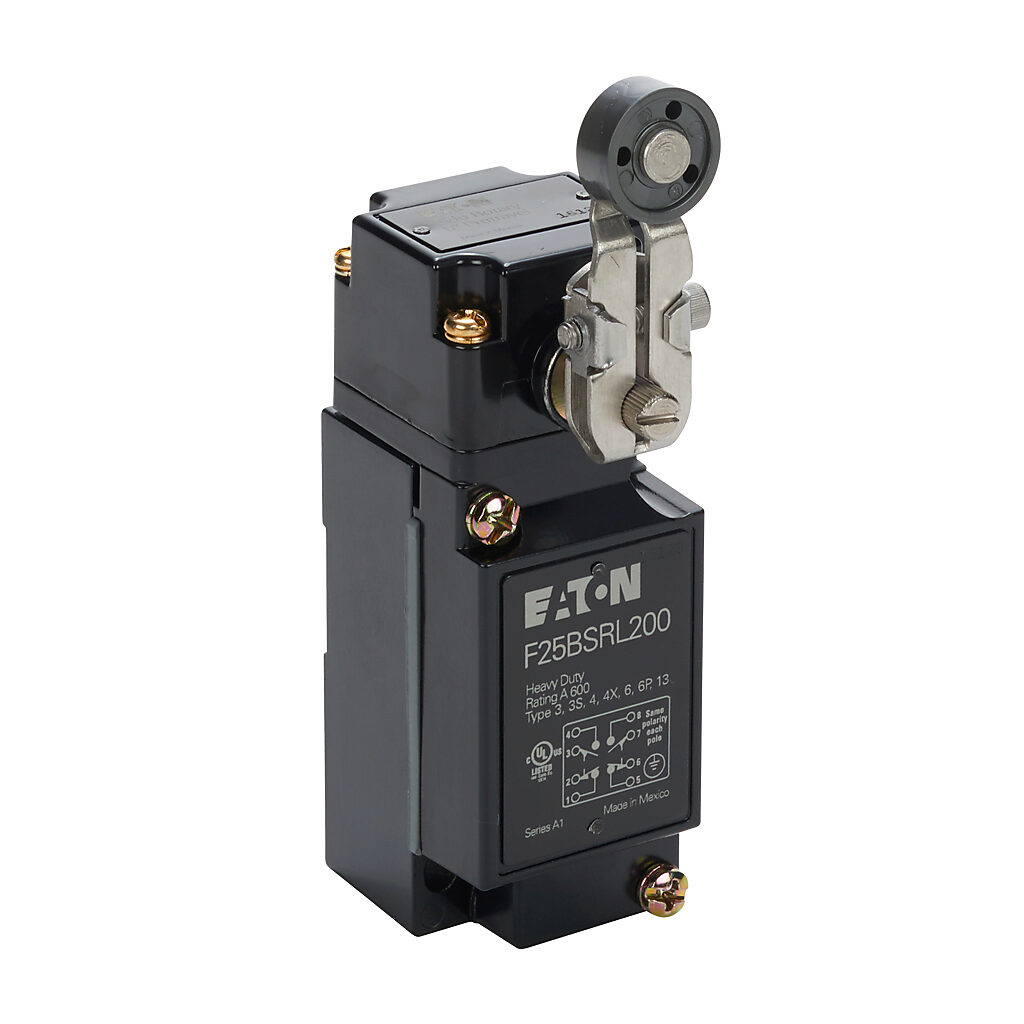 F25BSRL200 - Eaton NEMA limit switch, side rotary 1.5in stainless steel lever with Nylatron roller, 90-degree adjustable head, (2) N.O./(2) N.C. contact(s), snap action, 29.4mm x 60mm hole spacing, die-cast zinc, (1) 1/2in NPT cable entry.