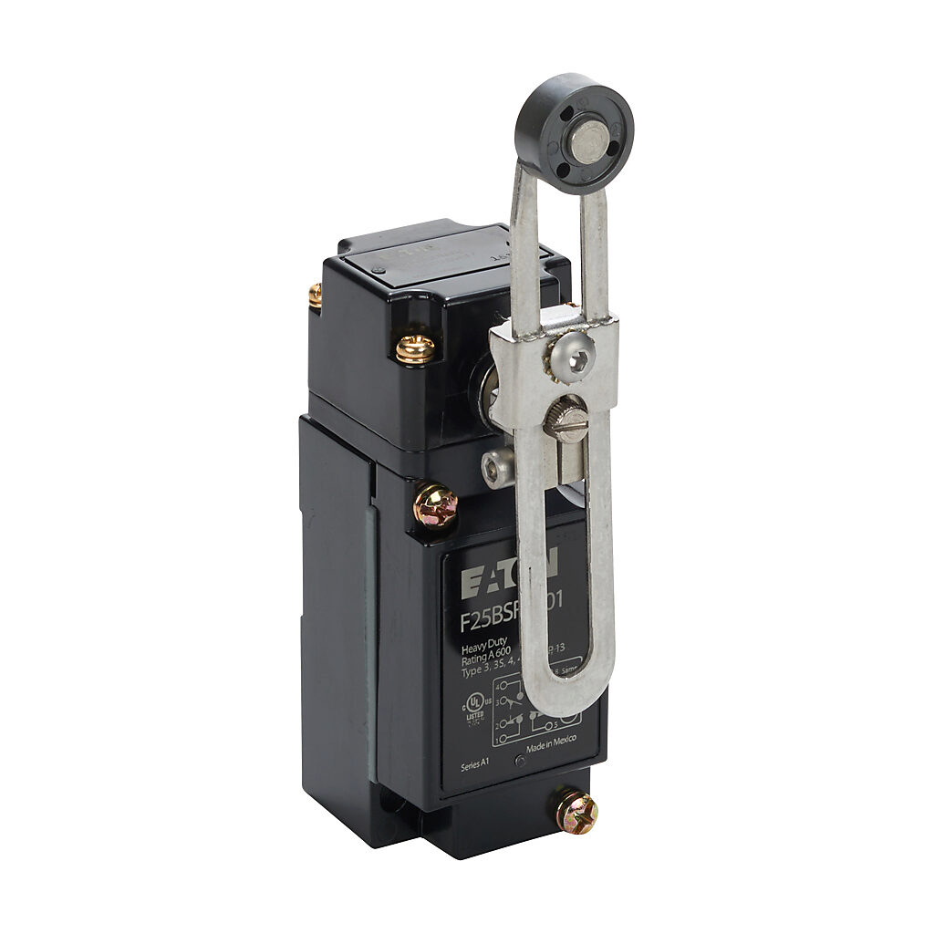 F25BSRL201 - Eaton NEMA limit switch, side rotary adjustable stainless steel lever with Nylatron roller, 90-degree adjustable head, (2) N.O./(2) N.C. contact(s), snap action, 29.4mm x 60mm hole spacing, die-cast zinc, (1) 1/2in NPT cable entry.