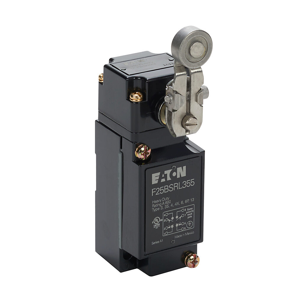 F25BSRL355 - Eaton NEMA limit switch, side rotary 1.5in stainless steel lever with metal roller, 90-degree adjustable head, (2) N.O./(2) N.C. contact(s), snap action, 29.4mm x 60mm hole spacing, die-cast zinc, (1) 1/2in NPT cable entry.