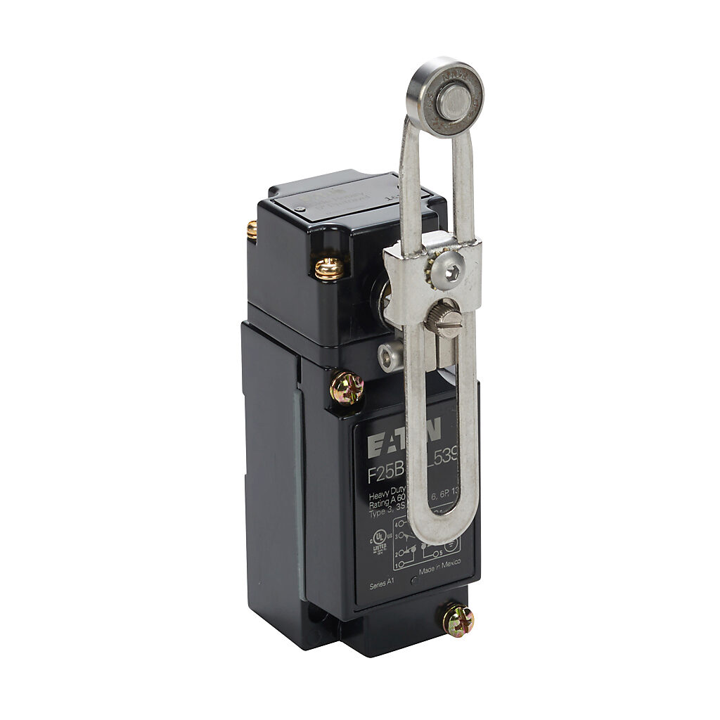 F25BSRL539 - Eaton NEMA limit switch, side rotary adjustable stainless steel lever with ball bearing roller, 90-degree adjustable head, (2) N.O./(2) N.C. contact(s), snap action, 29.4mm x 60mm hole spacing, die-cast zinc, (1) 1/2in NPT cable entry.