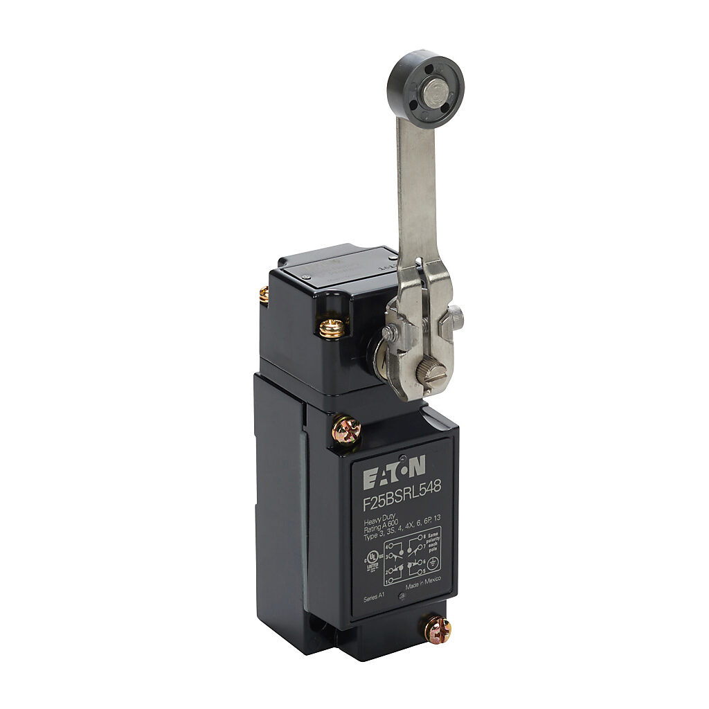 F25BSRL548 - Eaton NEMA limit switch, side rotary 3in stainless steel lever with Nylatron roller, 90-degree adjustable head, (2) N.O./(2) N.C. contact(s), snap action, 29.4mm x 60mm hole spacing, die-cast zinc, (1) 1/2in NPT cable entry.