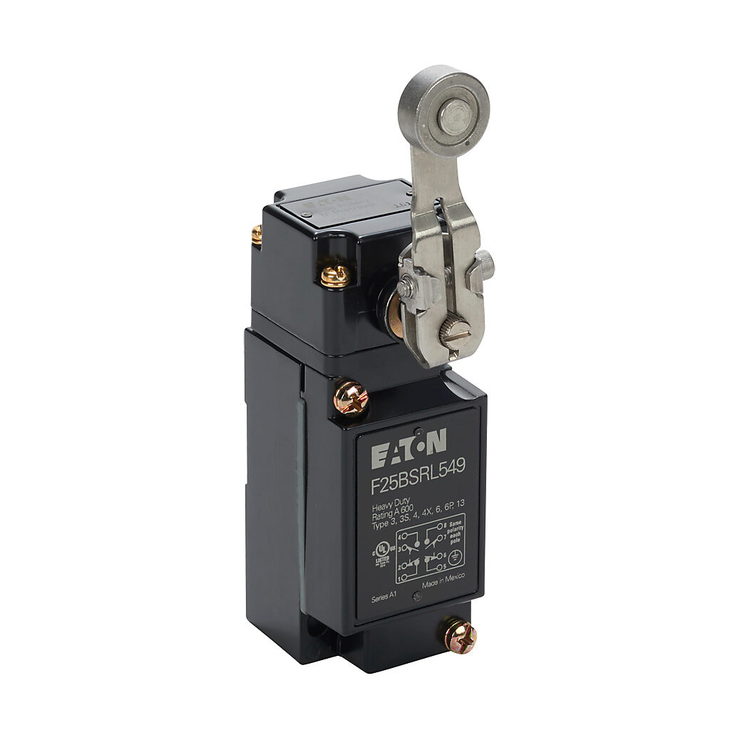 F25BSRL549 - Eaton NEMA limit switch, side rotary 2in stainless steel lever with metal roller, 90-degree adjustable head, (2) N.O./(2) N.C. contact(s), snap action, 29.4mm x 60mm hole spacing, die-cast zinc, (1) 1/2in NPT cable entry.