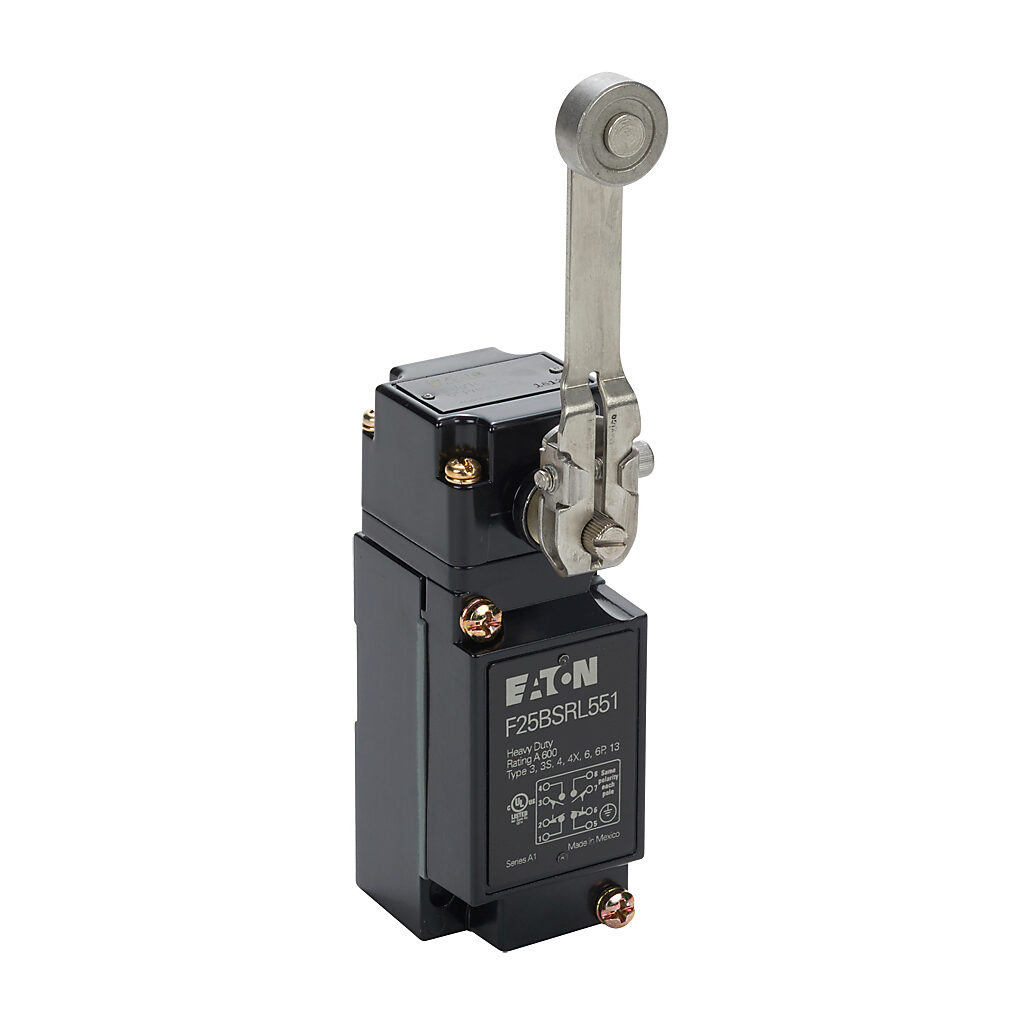 F25BSRL551 - Eaton NEMA limit switch, side rotary 3in stainless steel lever with metal roller, 90-degree adjustable head, (2) N.O./(2) N.C. contact(s), snap action, 29.4mm x 60mm hole spacing, die-cast zinc, (1) 1/2in NPT cable entry.