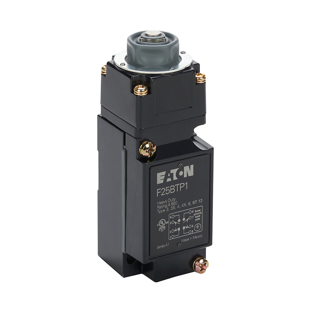 F25BTP1 - Eaton NEMA limit switch, metal plunger, 90-degree adjustable head, (2) N.O./(2) N.C. contact(s), snap action, 29.4mm x 60mm hole spacing, die-cast zinc, (1) 1/2in NPT cable entry.