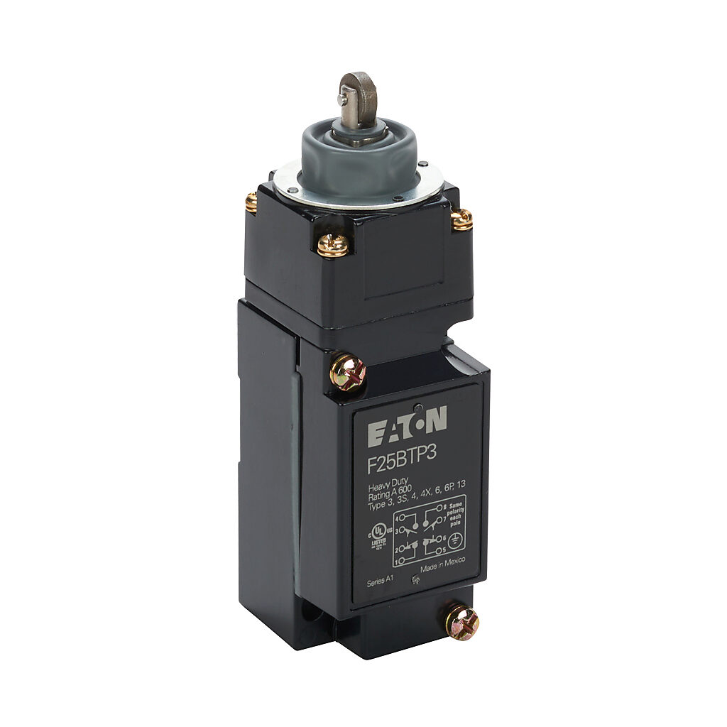 F25BTP3 - Eaton NEMA limit switch, metal plunger with metal roller, 90-degree adjustable head, (2) N.O./(2) N.C. contact(s), snap action, 29.4mm x 60mm hole spacing, die-cast zinc, (1) 1/2in NPT cable entry.