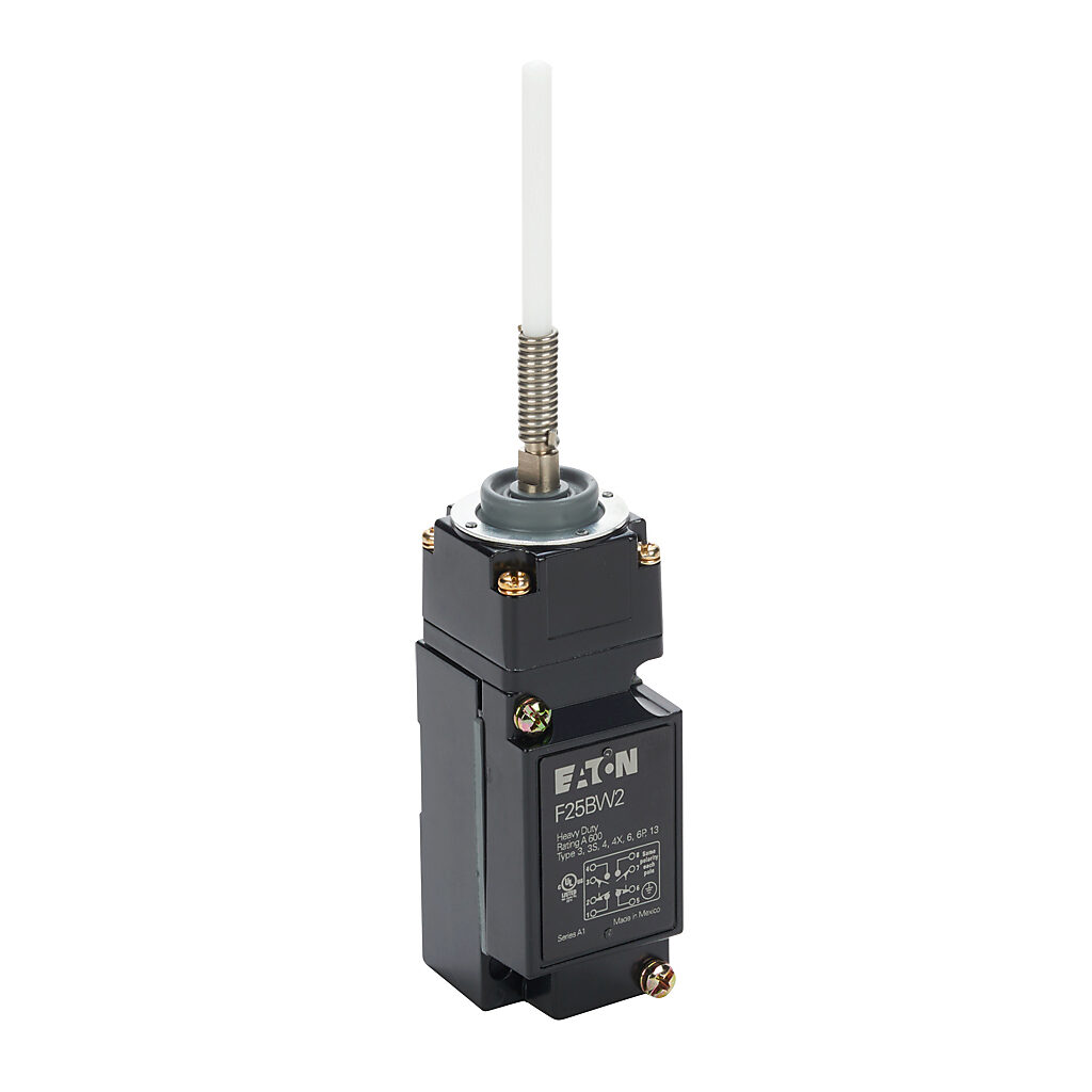 F25BW2 - Eaton NEMA limit switch, 360 degree nylon rod, 90-degree adjustable head, (2) N.O./(2) N.C. contact(s), snap action, 29.4mm x 60mm hole spacing, die-cast zinc, (1) 1/2in NPT cable entry.