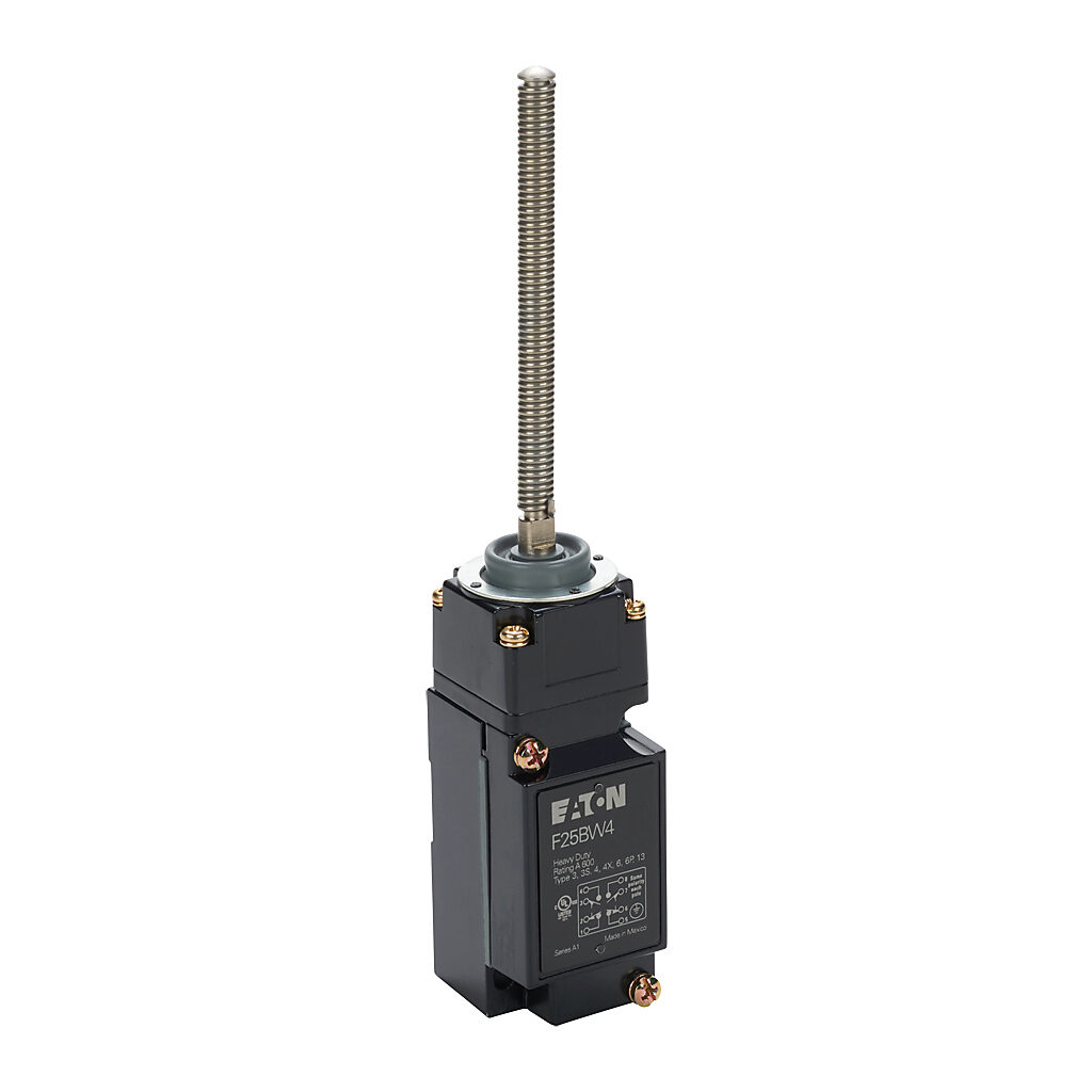 F25BW4 - Eaton NEMA limit switch, 360 degree stainless steel spring, 90-degree adjustable head, (2) N.O./(2) N.C. contact(s), snap action, 29.4mm x 60mm hole spacing, die-cast zinc, (1) 1/2in NPT cable entry.