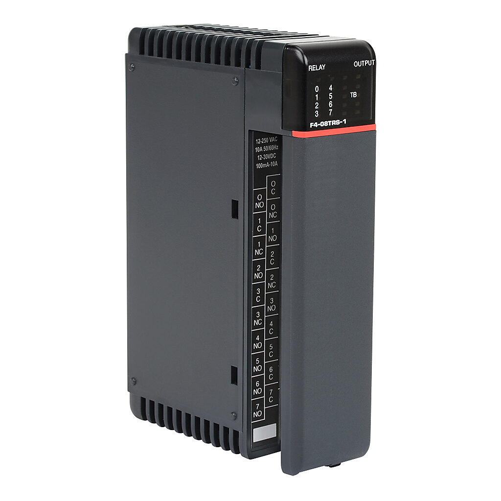 F4-08TRS-1 - DirectLOGIC DL405 relay output module, 8-point, 12-24 VDC/12-240 VAC, (4) Form A (SPST) no-suppression, (4) Form C (SPDT) no-suppression, 8 isolated common(s), 1 point(s) per common, 10A/point,40A/module. Removable terminal block incl...