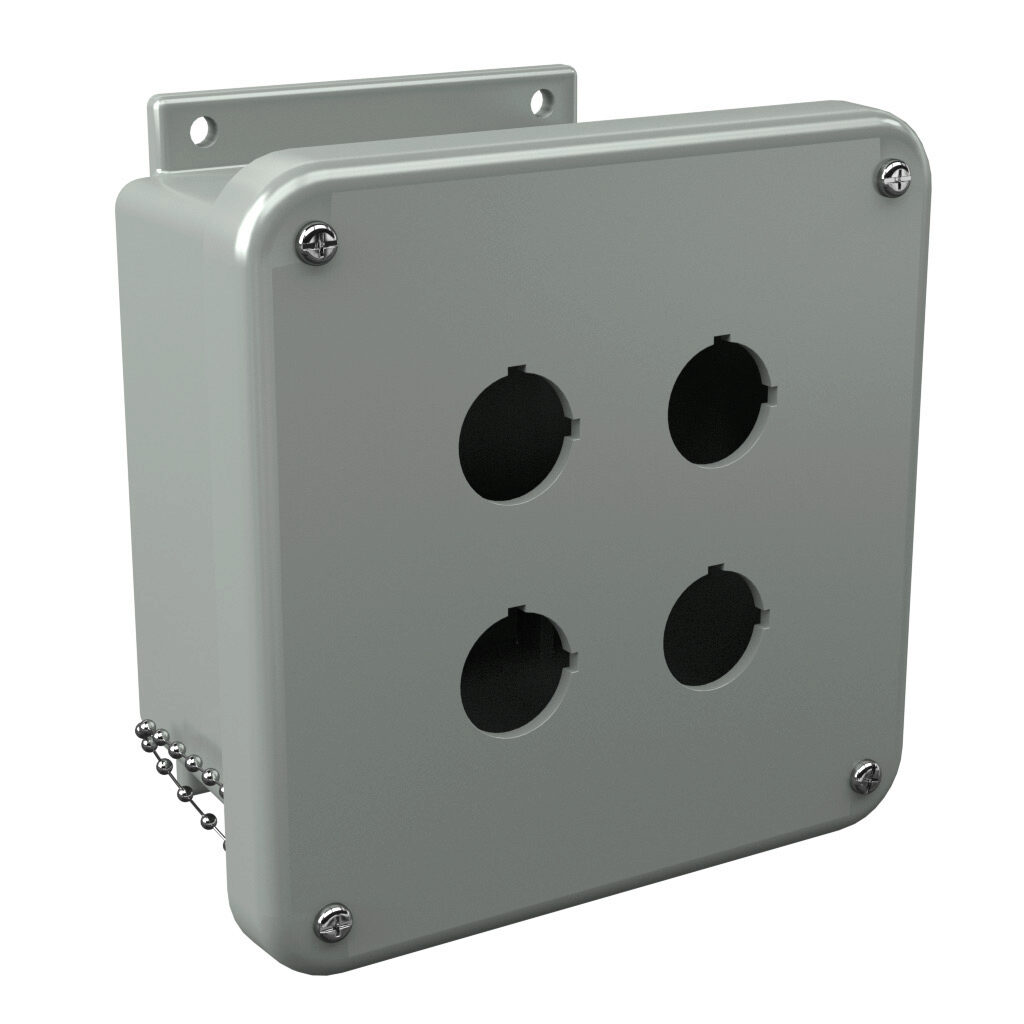 F4PBW - Stahlin F series pushbutton enclosure, 4 holes, 30mm, NEMA 1/3R/4X/6P/12, 7 x 7 x 4in (HxWxD), wall mount, fiberglass reinforced polyester, gray, screw cover, purchase subpanel separately.