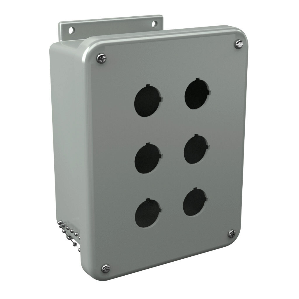 F6PBW - Stahlin F series pushbutton enclosure, 6 holes, 30mm, NEMA 1/3R/4X/6P/12, 9 x 7 x 4in (HxWxD), wall mount, fiberglass reinforced polyester, gray, screw cover, purchase subpanel separately.