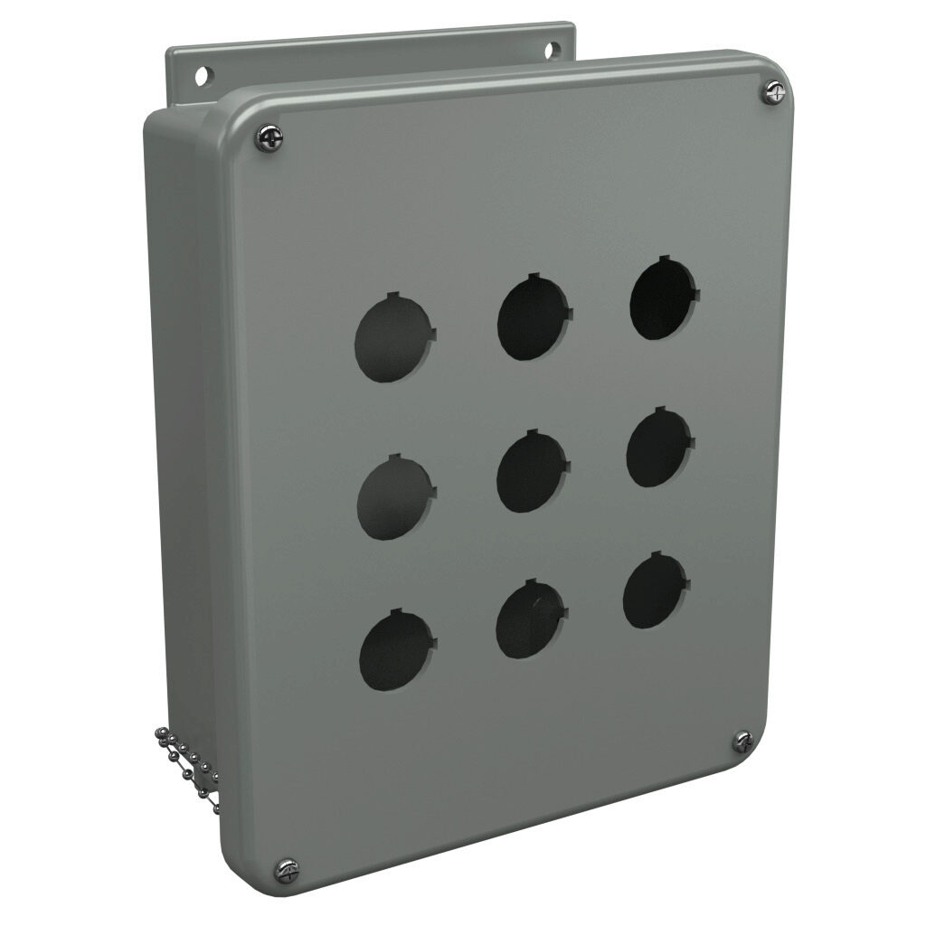 F9PBW - Stahlin F series pushbutton enclosure, 9 holes, 30mm, NEMA 1/3R/4X/6P/12, 11 x 9 x 4in (HxWxD), wall mount, fiberglass reinforced polyester, gray, screw cover, purchase subpanel separately.