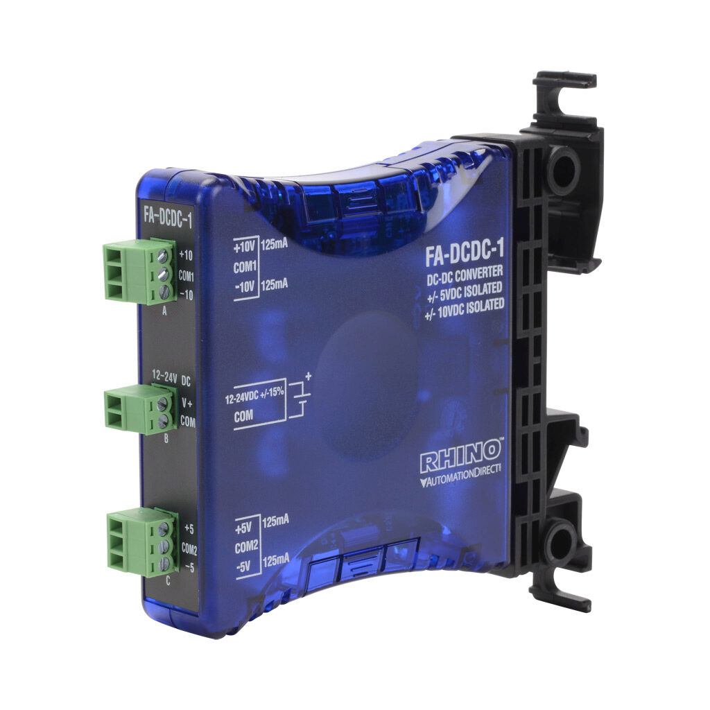 FA-DCDC-1 - AutomationDirect DC to DC converter, 12-24 VDC input, +/- 10 VDC, +/-5 VDC output, 0.125A, 3.75W, plastic housing, 35mm DIN rail mount, screw terminal, removable.