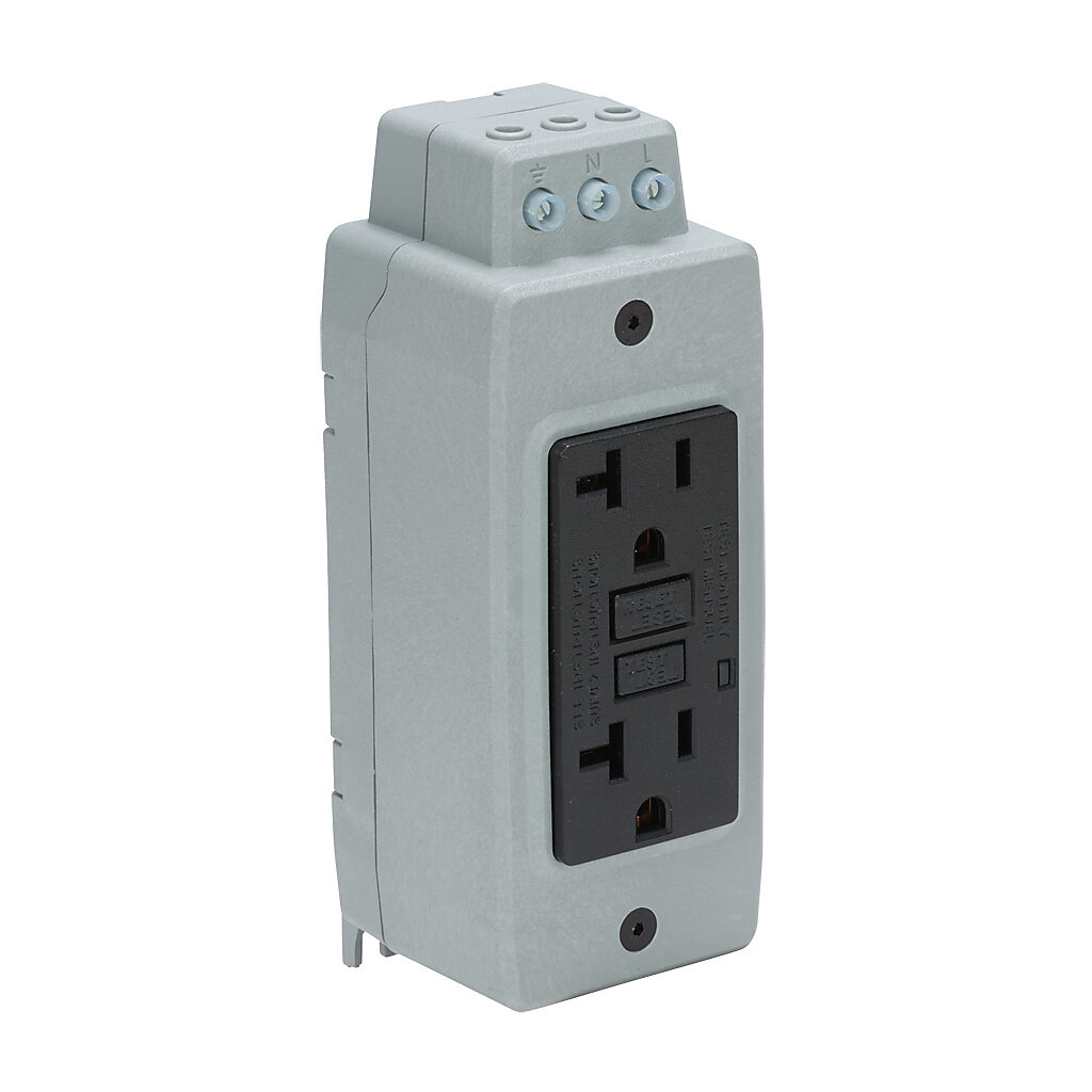 FA-GFCI - AutomationDirect (2) straight blade receptacle, 15A, 125 VAC, 1-phase, 2-pole, 3-wire, ground-fault circuit interruption protection, nylon housing, panel or 35mm DIN rail mount.