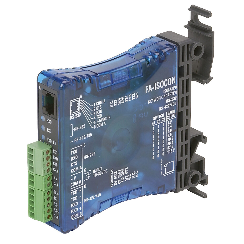 FA-ISOCON - AutomationDirect serial converter, RS-232 (RJ12) to RS-422/485 (5-pin terminal), isolation protection, 5 VDC from PLC or 24 VDC external nominal input, encapsulated, DIN rail or panel mount.