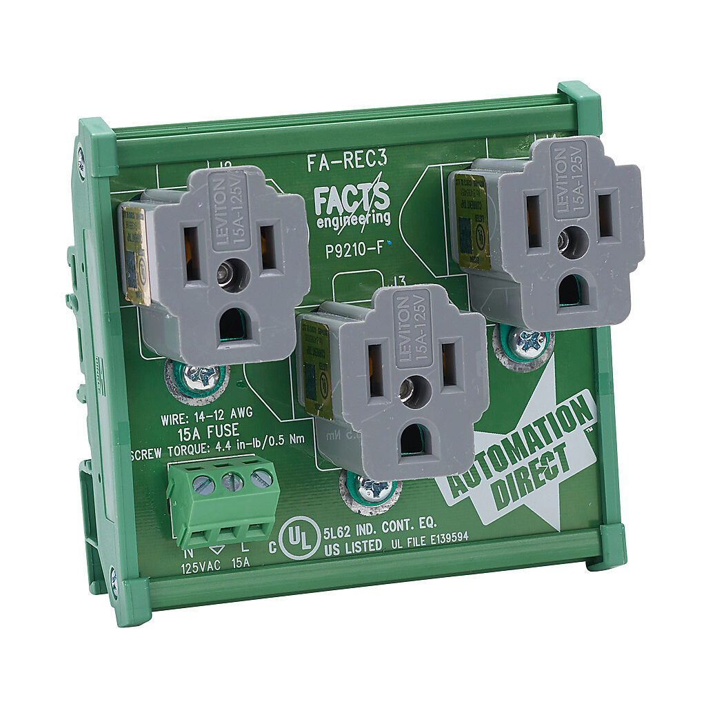 FA-REC3 - AutomationDirect (3) straight blade receptacle, 15A, 125 VAC, 1-phase, 2-pole, 3-wire, plastic housing, 35mm DIN rail, 32mm DIN rail or 15mm DIN rail mount.