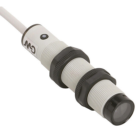 FALN-BN-0A - AutomationDirect photoelectric sensor, tubular, threaded, polarized retroreflective, Class 1 red laser, 0.06-30m sensing distance, complementary light-on/dark-on, NPN, potentiometer, 4-wire, pigtail.