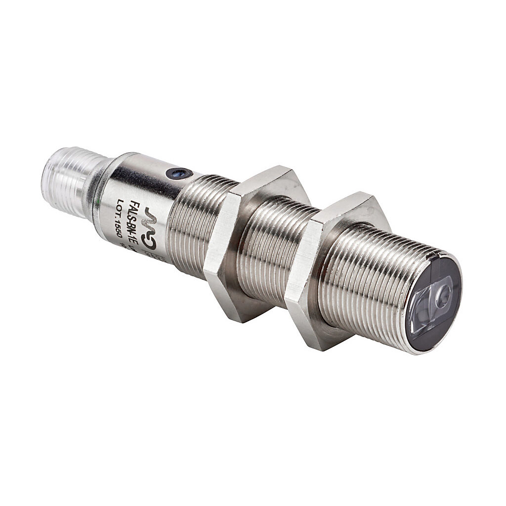 FALS-BN-1E - AutomationDirect photoelectric sensor, tubular, threaded, background suppression, Class 1 red laser, 30-100mm sensing distance, complementary light-on/dark-on, NPN, potentiometer, 18mm diameter body, nickel-plated brass, 4-pin M12 qui...