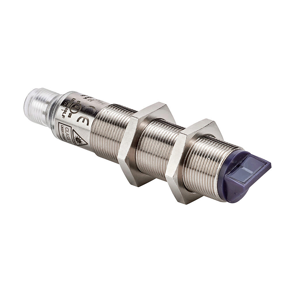 FALS-BP-3E - AutomationDirect photoelectric sensor, tubular, threaded, background suppression, 90-degree, Class 1 red laser, 30-80mm sensing distance, complementary light-on/dark-on, PNP, potentiometer, 18mm diameter body, nickel-plated brass, 4-p...