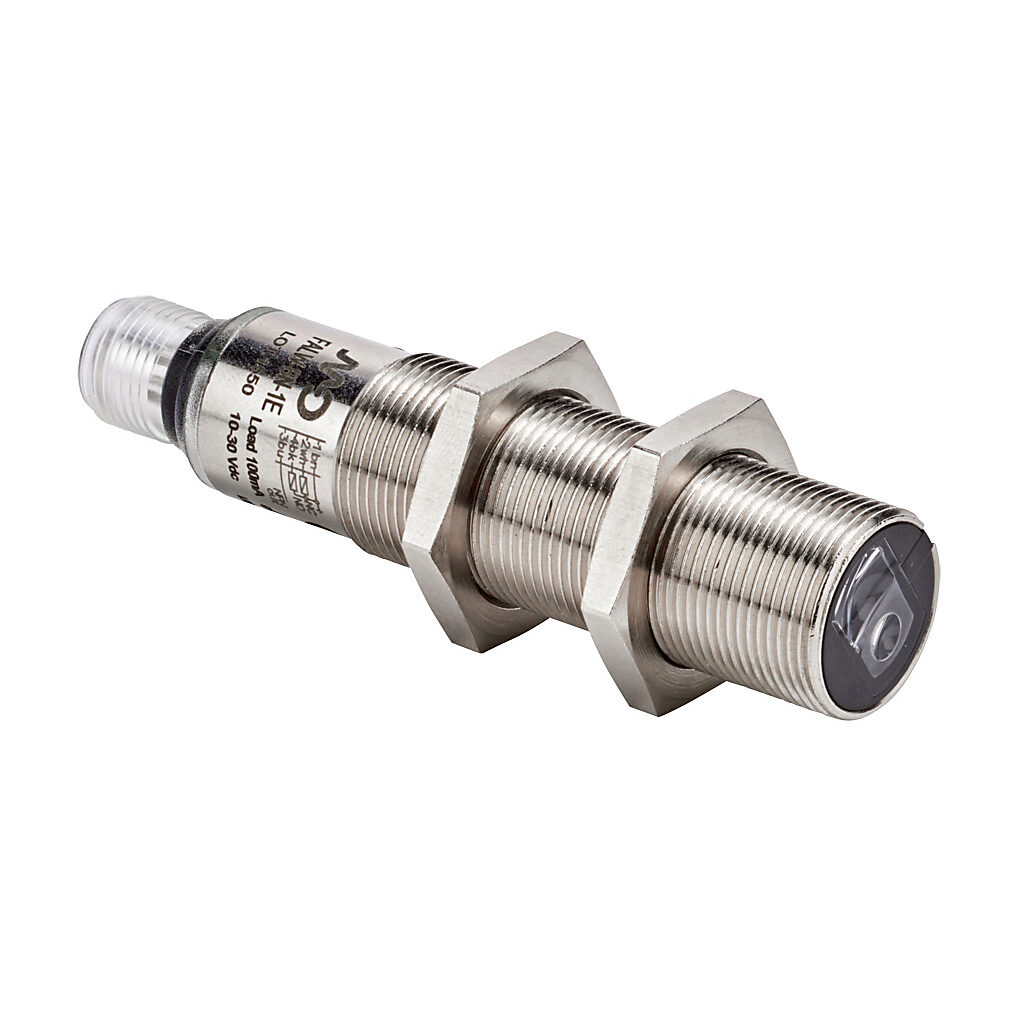 FALW-BN-1E - AutomationDirect photoelectric sensor, tubular, threaded, background suppression, Class 2 red laser, 30-150mm sensing distance, complementary light-on/dark-on, NPN, potentiometer, 18mm diameter body, nickel-plated brass, 4-pin M12 qui...