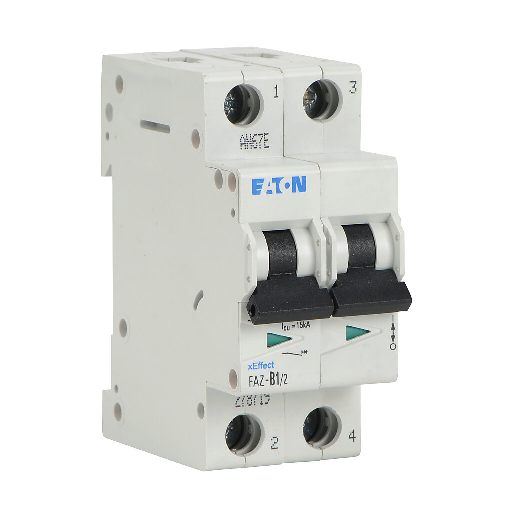 FAZ-B1-2 - Eaton miniature supplementary protector, 1A, 480Y/277 VAC/96 VDC, 2-pole, B curve, thermal magnetic, 10kA @ 480Y/277 VAC interrupting rating, 35mm DIN rail mount.
