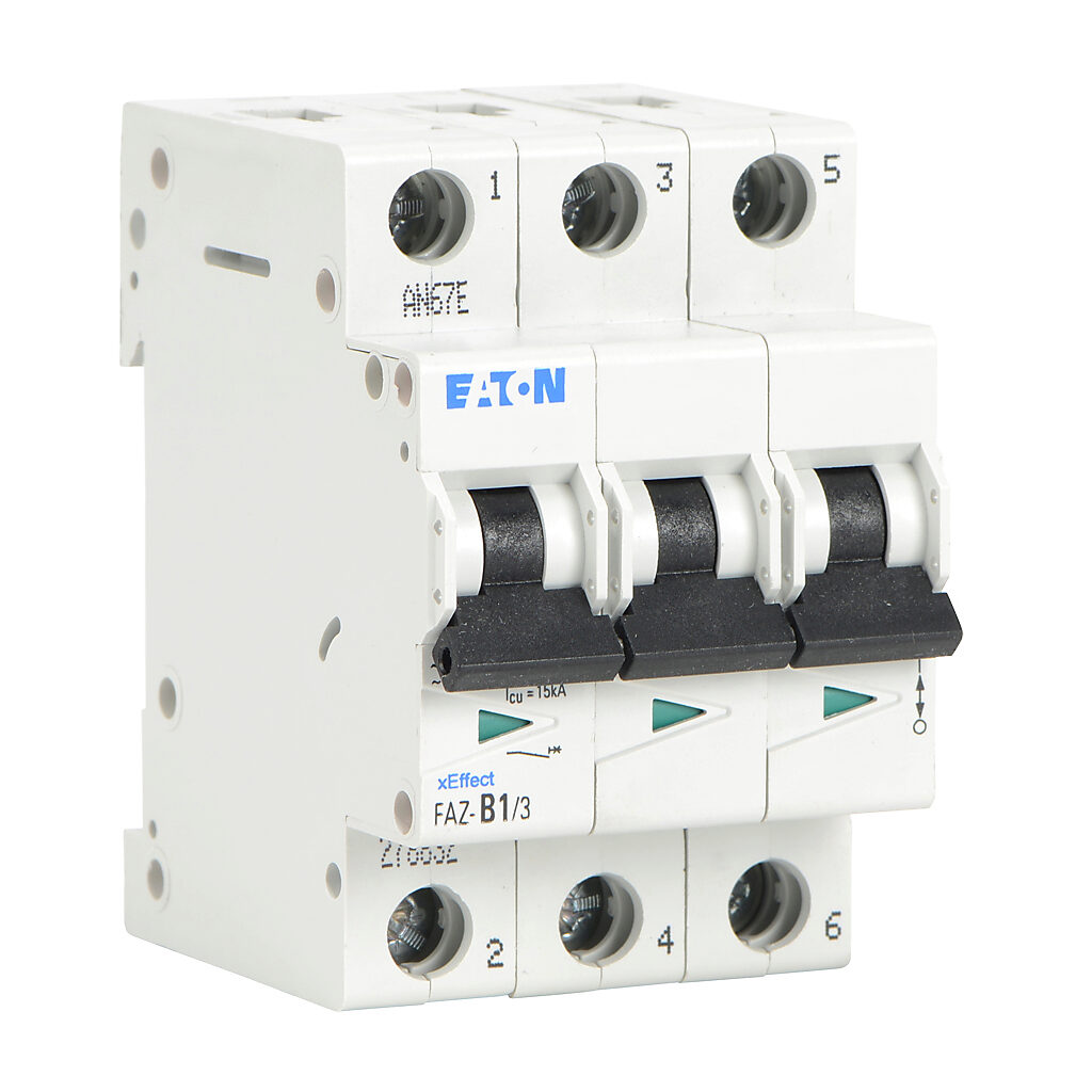 FAZ-B1-3 - Eaton miniature supplementary protector, 1A, 480Y/277 VAC/96 VDC, 3-pole, B curve, thermal magnetic, 10kA @ 480Y/277 VAC interrupting rating, 35mm DIN rail mount.